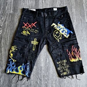Smoke Rise Dnm Co. Adult Men's Size 34 Black Distressed Graffiti Cargo Shorts
